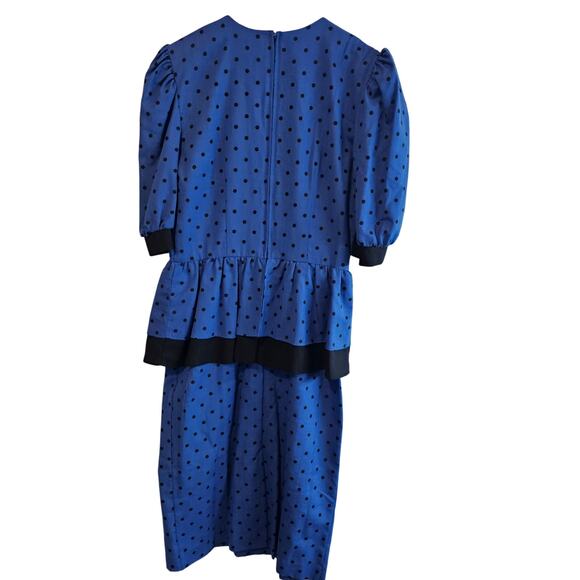Vintage Peplum Dress Womens Small Blue Polka Dot 80s Glam Rock Retro Pinup Bow - Picture 2 of 14